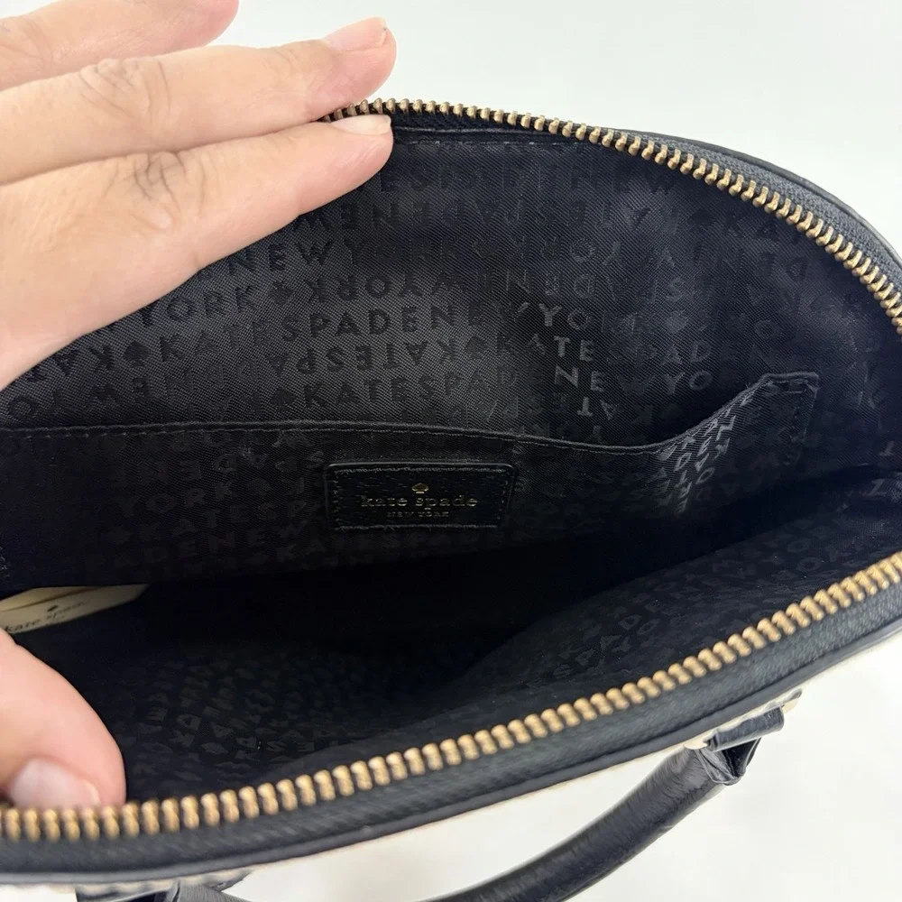 Kate Spade Reiley Straw Dome Satchel Crossbody Bag Cream Black Leather Woven